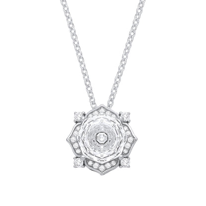 Silver  Octagon CZ Rose cut Solitaire Flower Pendant Necklace - GVK542WH