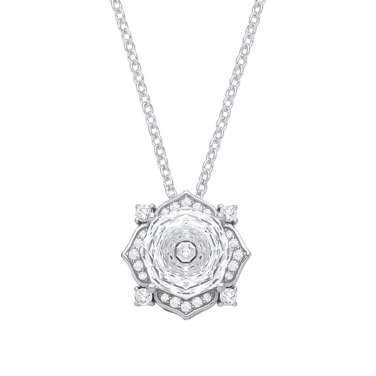 Silver  Octagon CZ Rose cut Solitaire Flower Pendant Necklace - GVK542WH