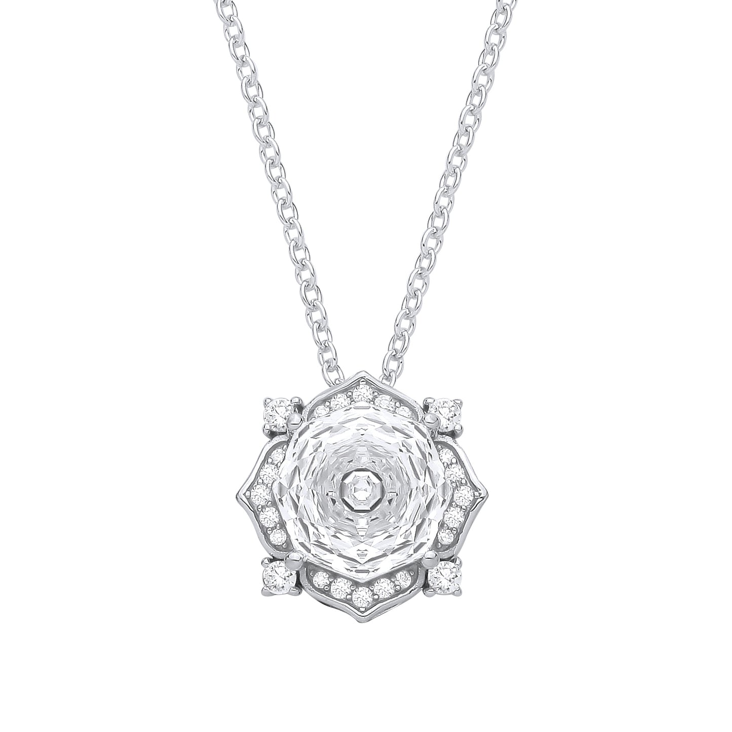 Silver  Octagon CZ Flower Petal Kaleidoscopic Solitaire Necklace - GVK542WH