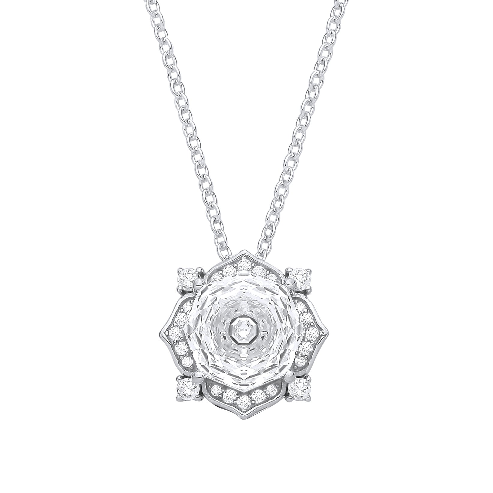 Silver  Octagon CZ Flower Petal Kaleidoscopic Solitaire Necklace - GVK542WH