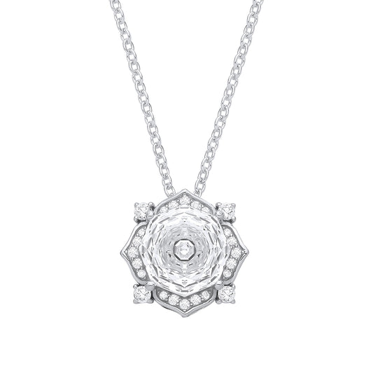 Silver  Octagon CZ Flower Petal Kaleidoscopic Solitaire Necklace - GVK542WH