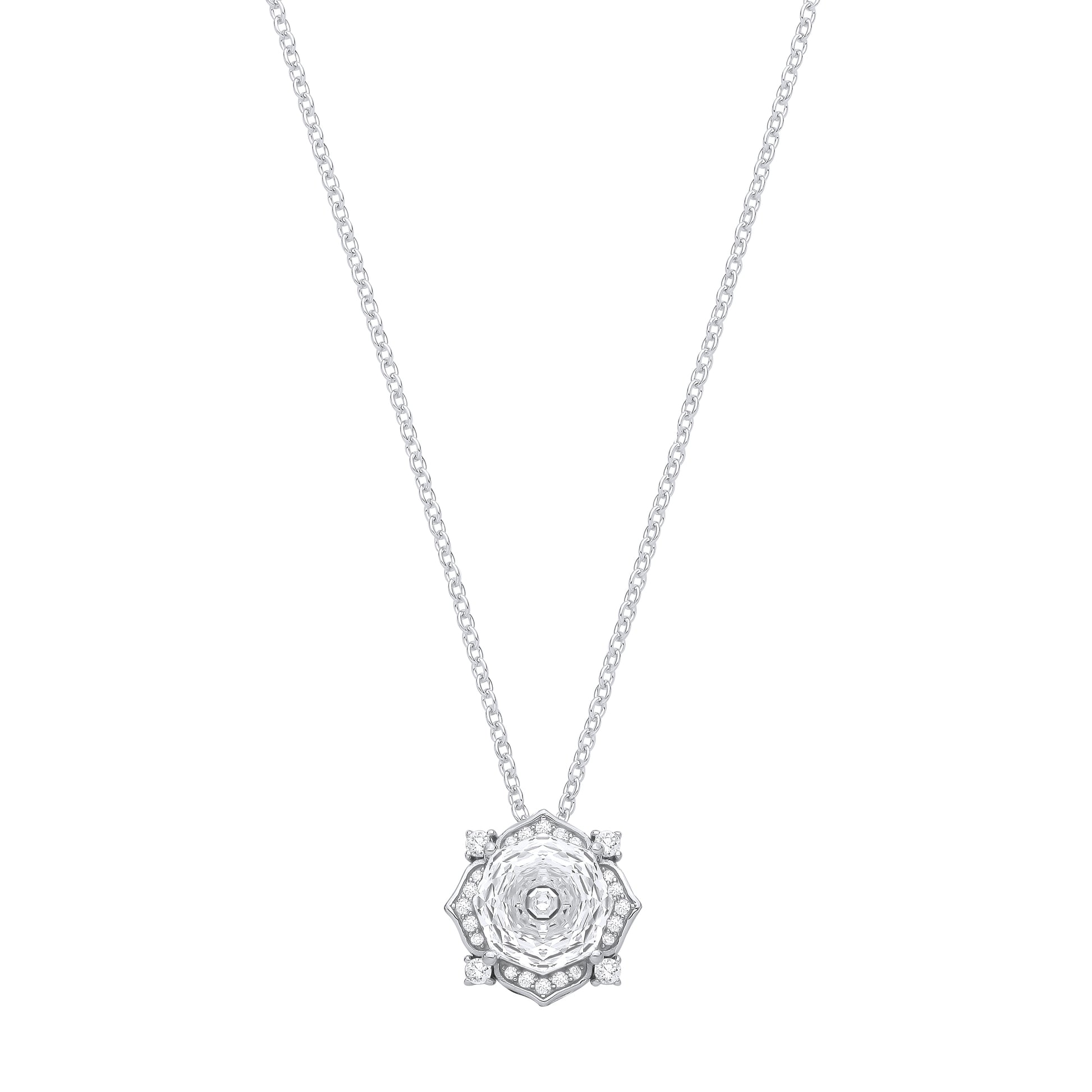 Silver  Octagon CZ Rose cut Solitaire Flower Pendant Necklace - GVK542WH