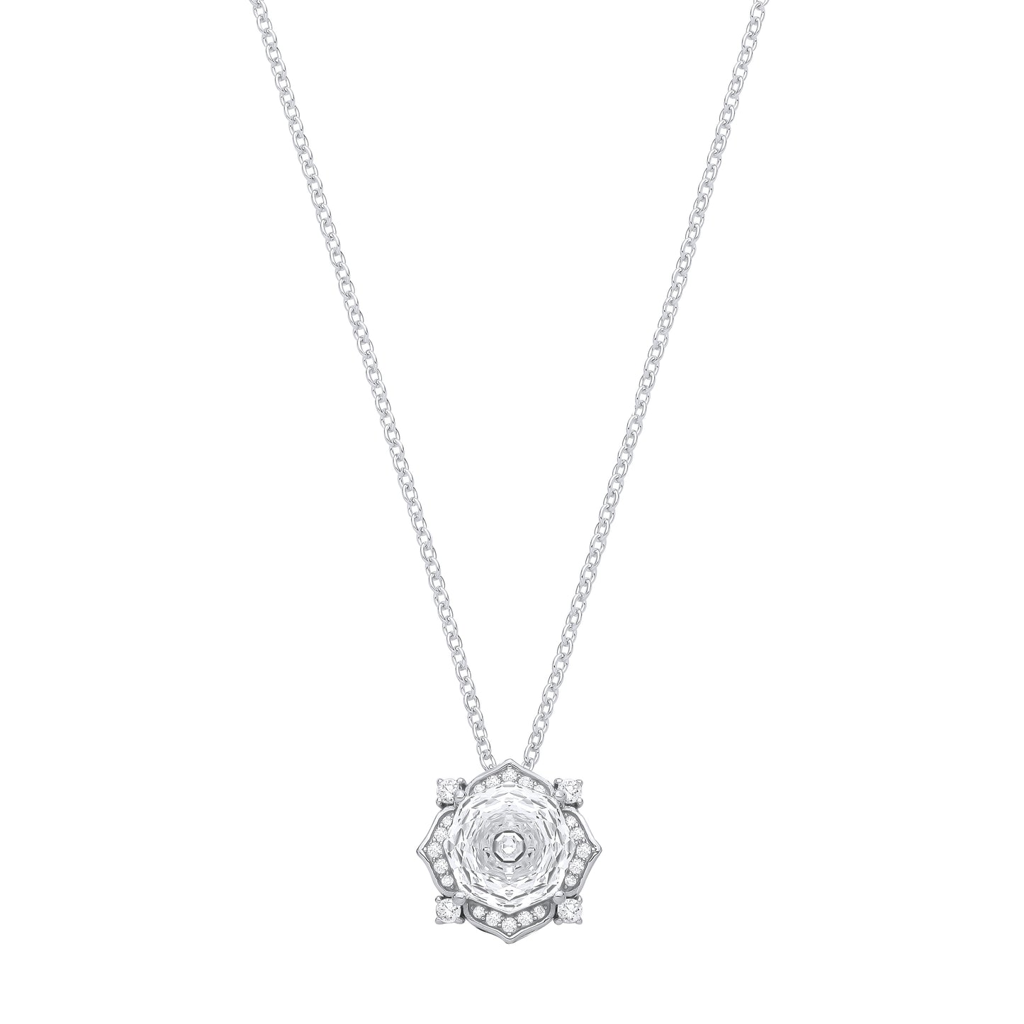 Silver  Octagon CZ Flower Petal Kaleidoscopic Solitaire Necklace - GVK542WH