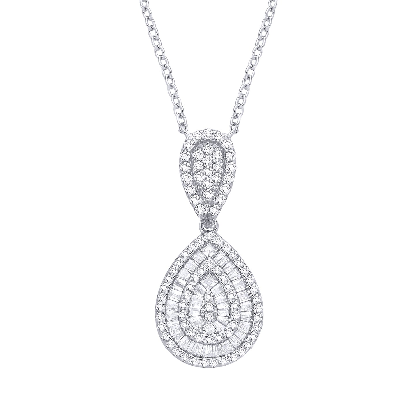 Sterling Silver  CZ Double Tear Drop Pendant Necklace - GVK543