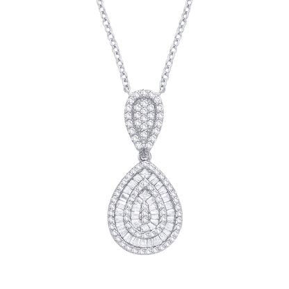 Sterling Silver  CZ Double Tear Drop Pendant Necklace - GVK543