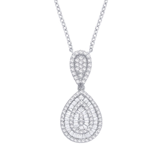 Sterling Silver  CZ Double Tear Drop Pendant Necklace - GVK543