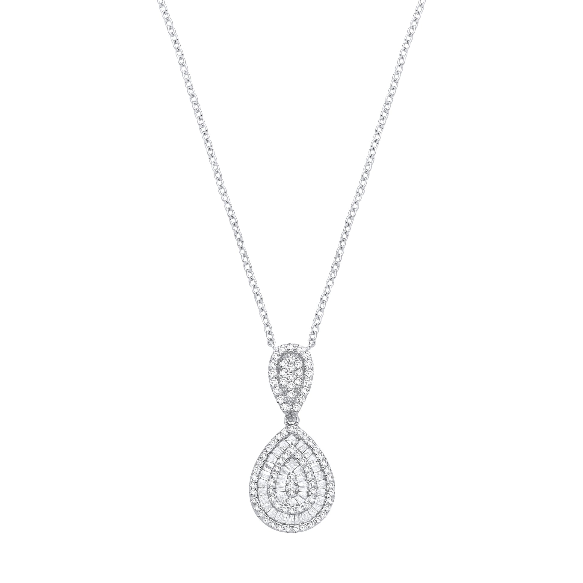 Sterling Silver  CZ Double Tear Drop Pendant Necklace - GVK543