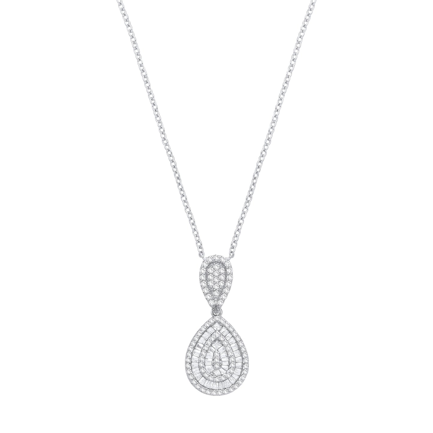 Sterling Silver  CZ Double Tear Drop Pendant Necklace - GVK543