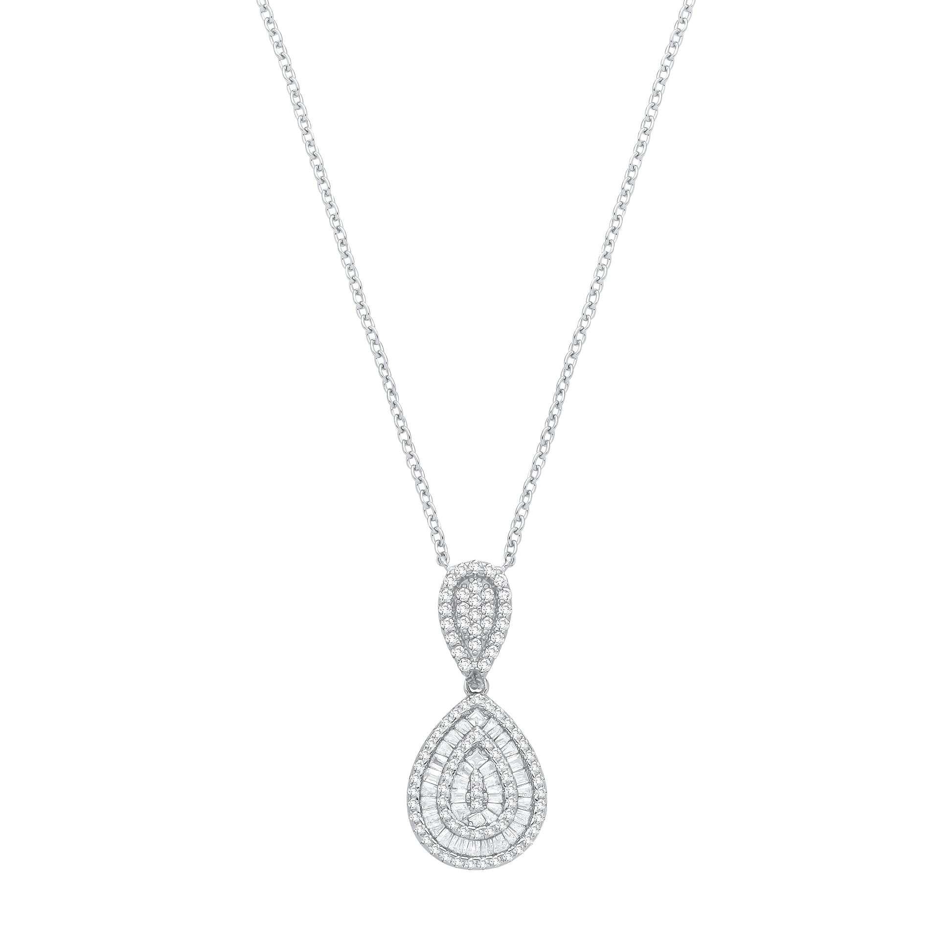 Sterling Silver  CZ Double Tear Drop Pendant Necklace - GVK543