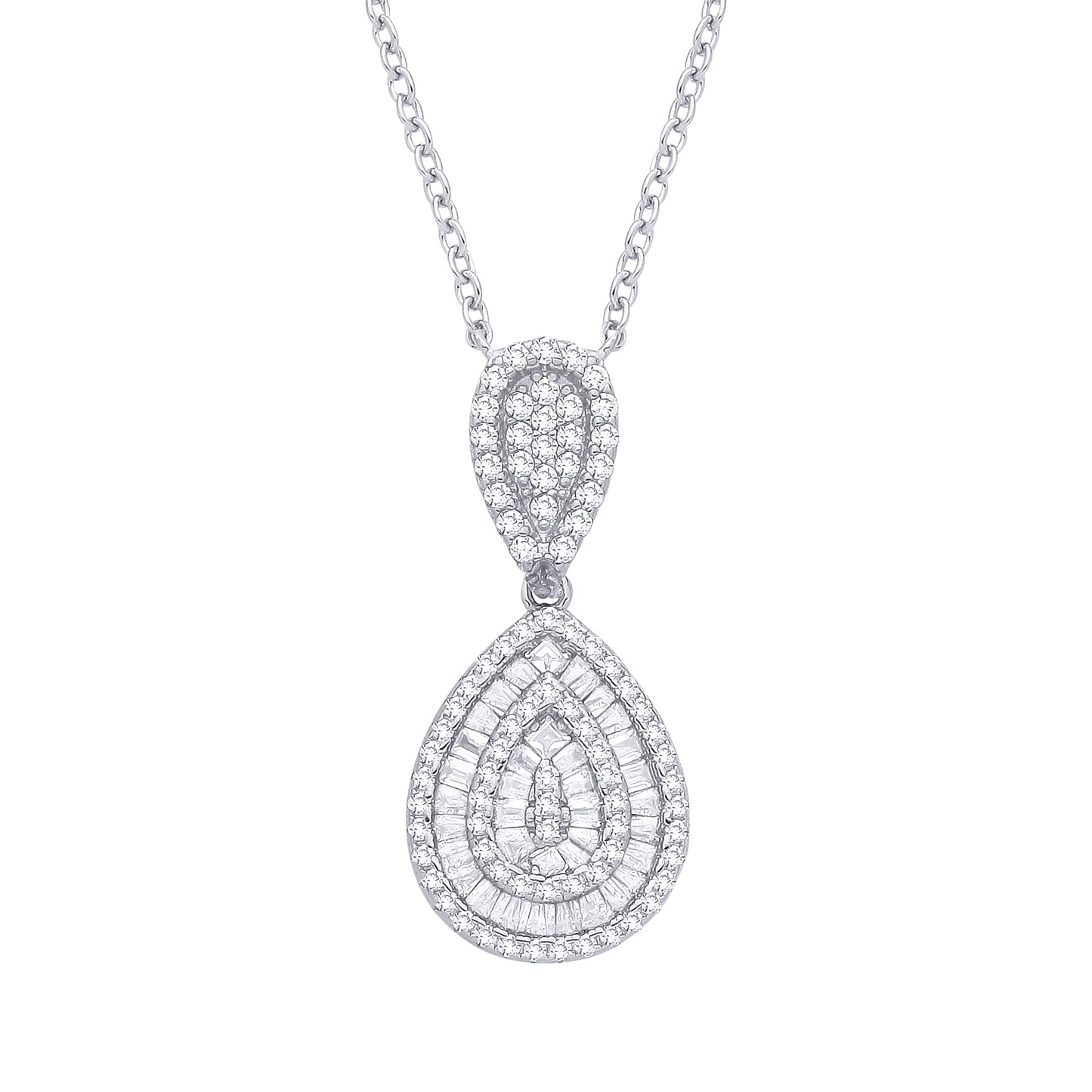 Silver  CZ Mirrored Pear Halo Layered Channel Tunnel Necklace - GVK543