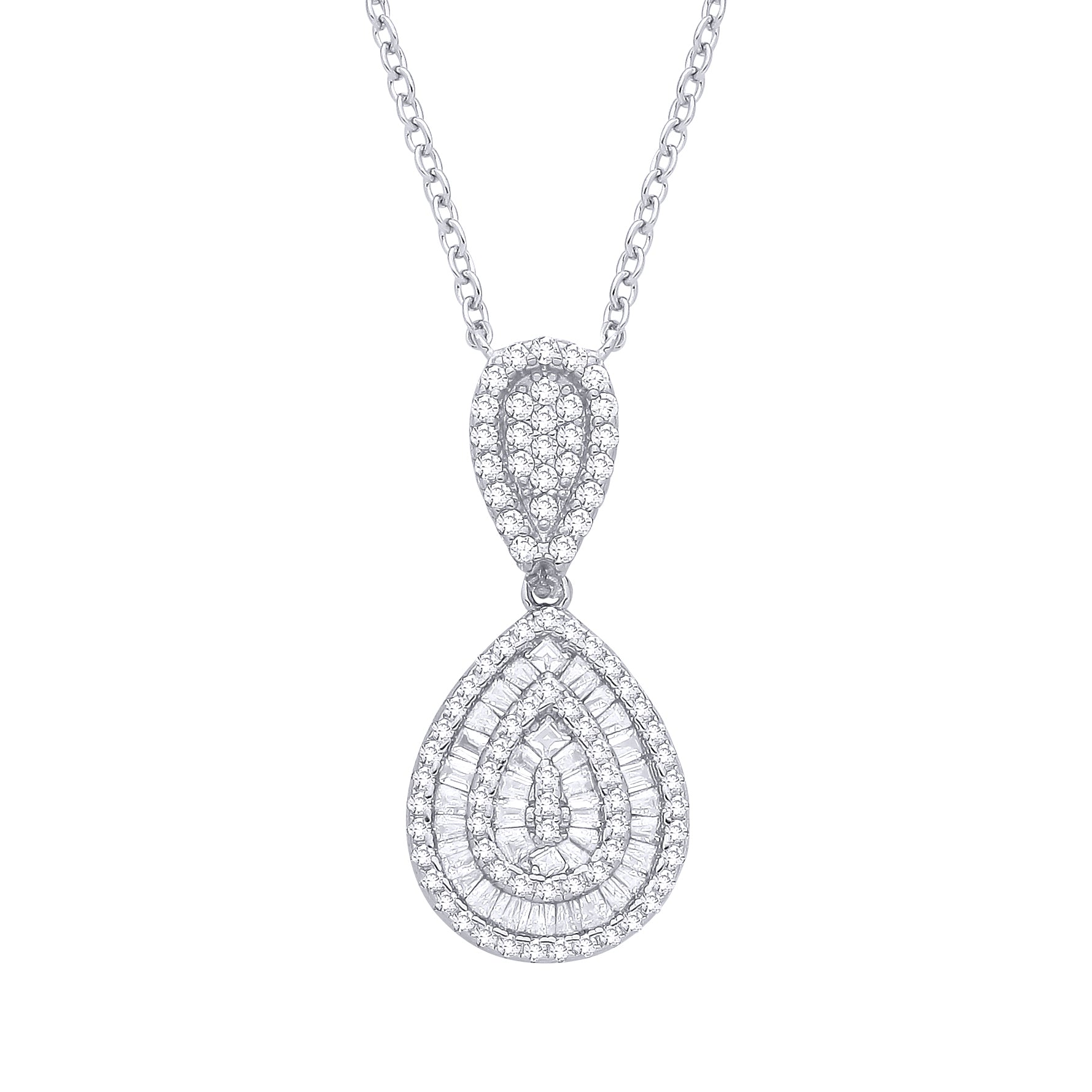 Silver  CZ Mirrored Pear Halo Layered Channel Tunnel Necklace - GVK543