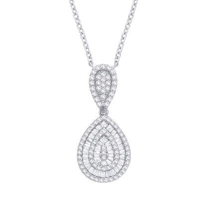 Silver  CZ Mirrored Pear Halo Layered Channel Tunnel Necklace - GVK543