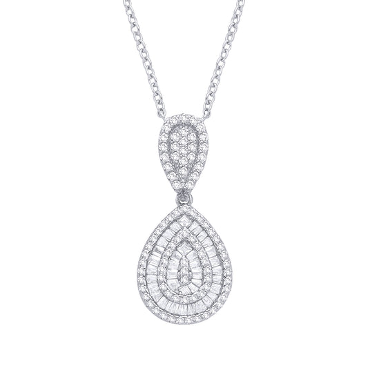 Silver  CZ Mirrored Pear Halo Layered Channel Tunnel Necklace - GVK543