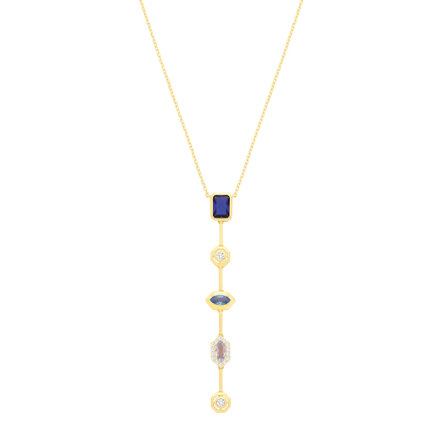 Gold-plated Silver  Blue CZ Bold Mismatched Lucky Dip Necklace - GVK545