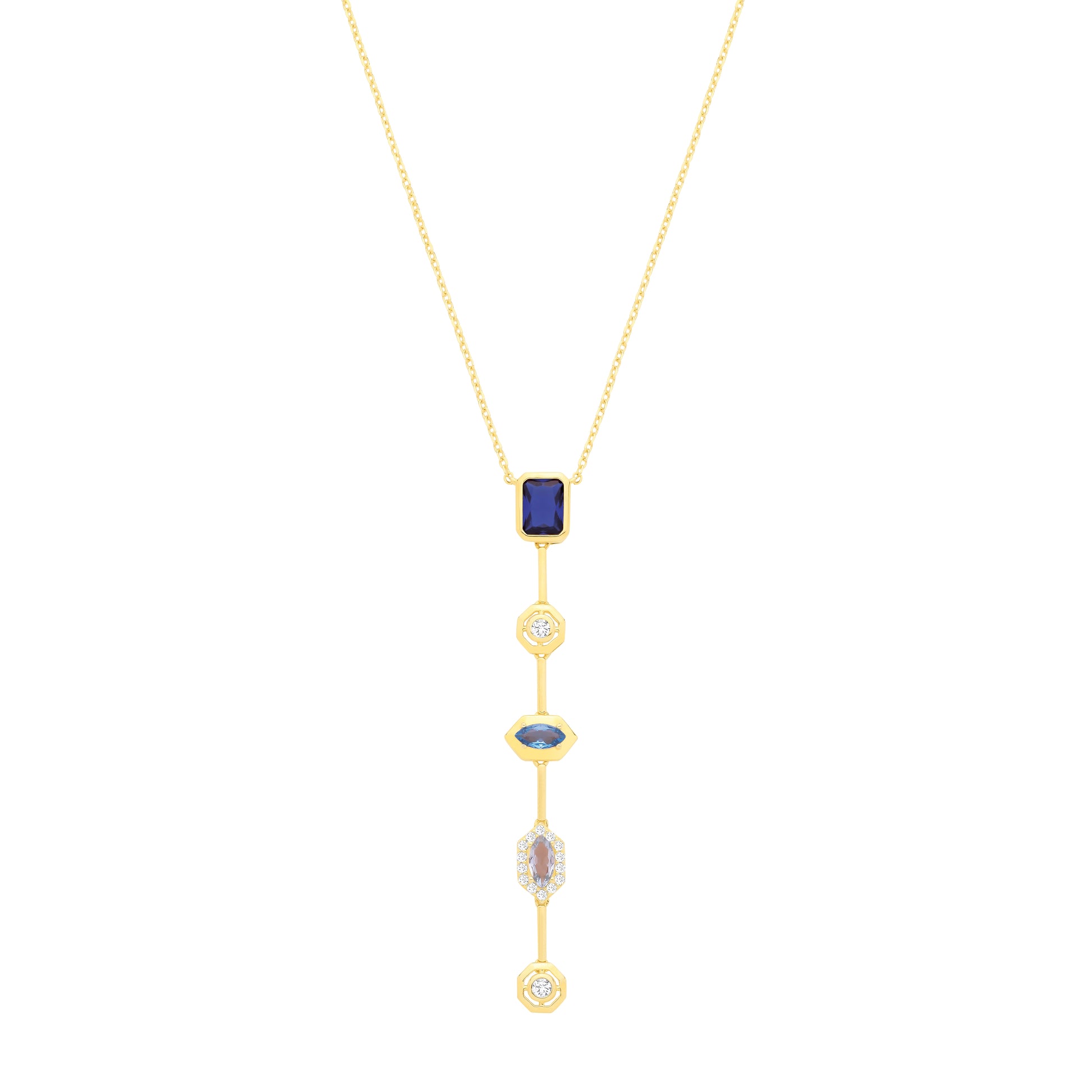 Gold-plated Silver  Blue CZ Bold Mismatched Lucky Dip Necklace - GVK545