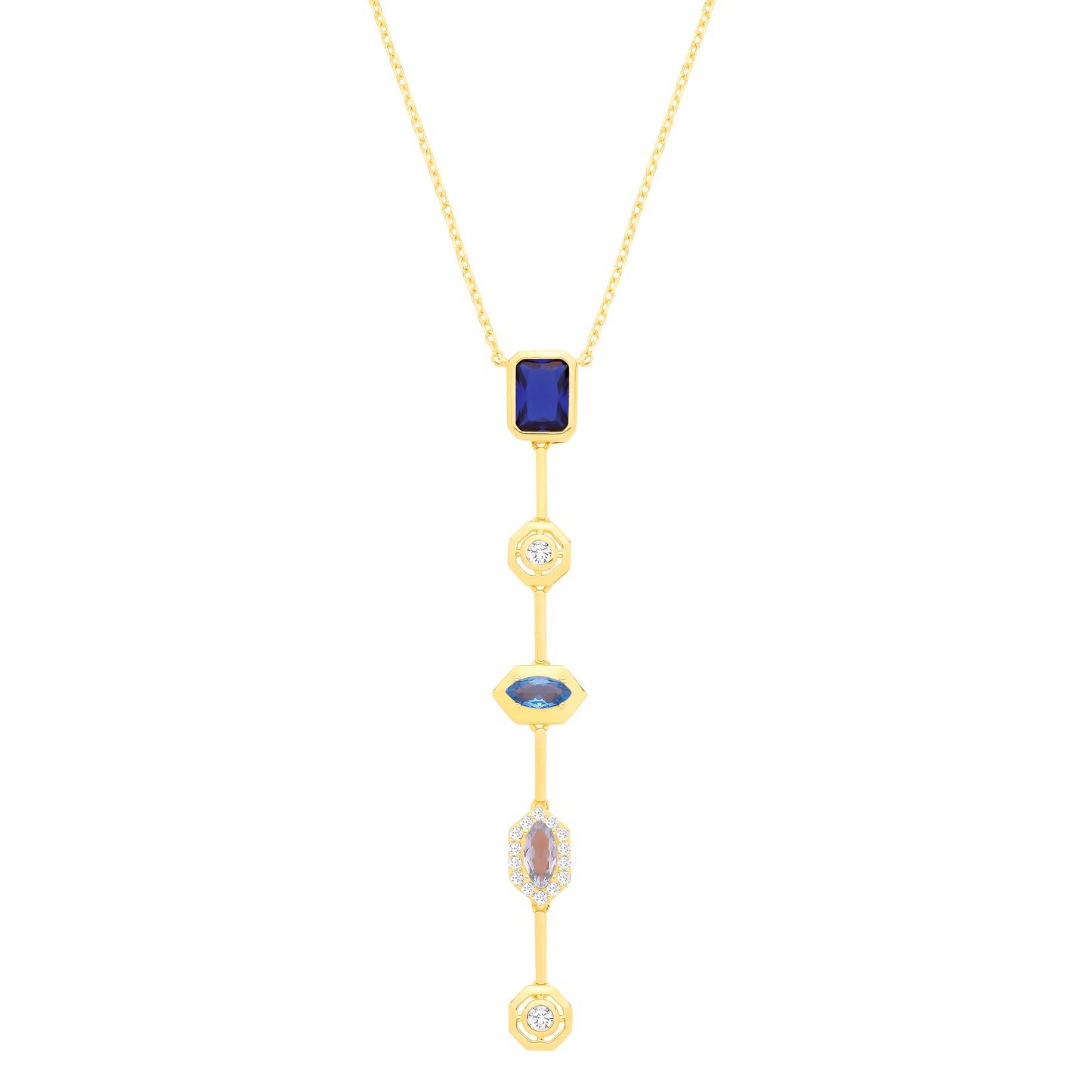 Gold-plated Silver  Blue CZ Bold Mismatched Lucky Dip Necklace - GVK545