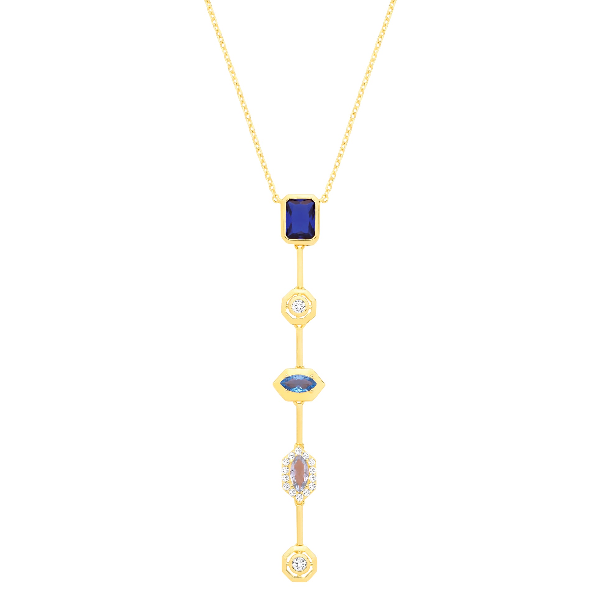 Gold-plated Silver  Blue CZ Bold Mismatched Lucky Dip Necklace - GVK545