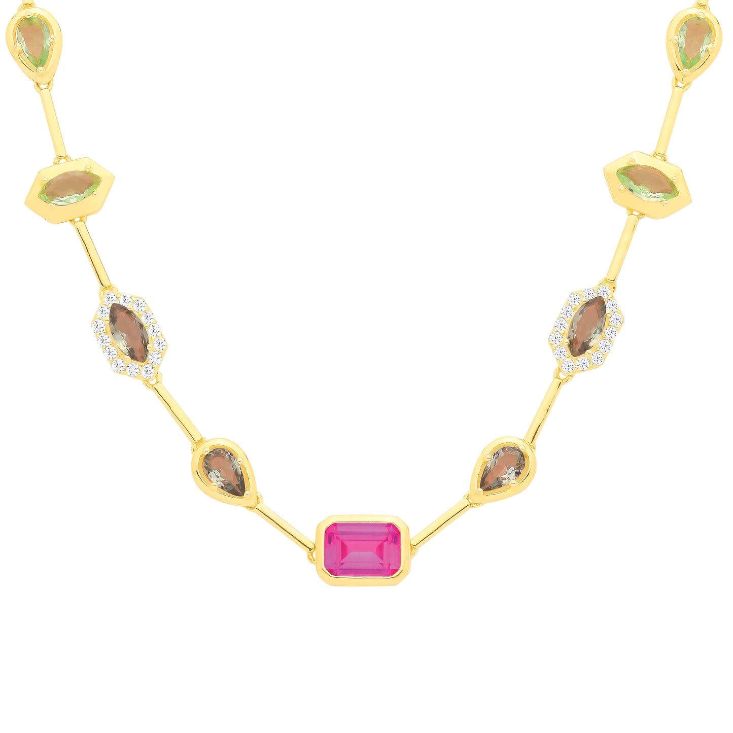 Gold-plated Silver  Fuchsia Green CZ Lucky Dip Mismatched Necklace - GVK546