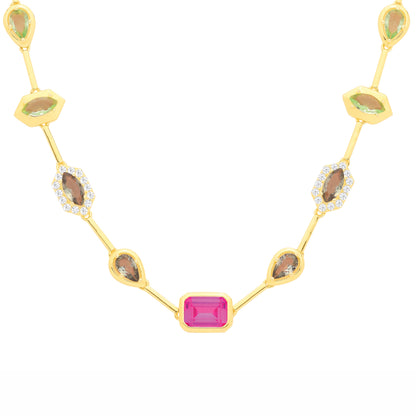 Gold-plated Silver  Fuchsia Green CZ Lucky Dip Mismatched Necklace - GVK546