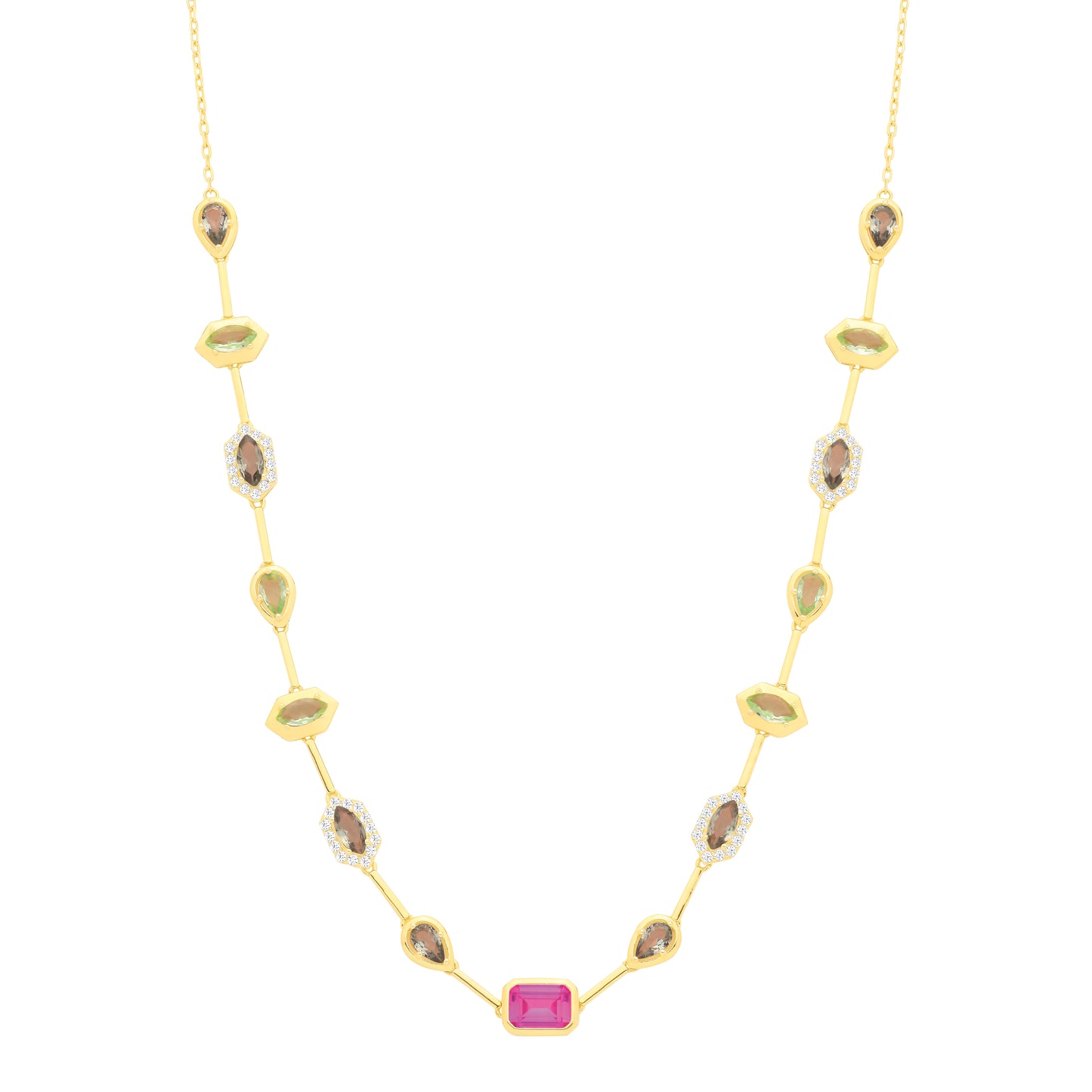 Gold-plated Sterling Silver  CZ, Rose & Peridot Mixed Cut Necklace - GVK546