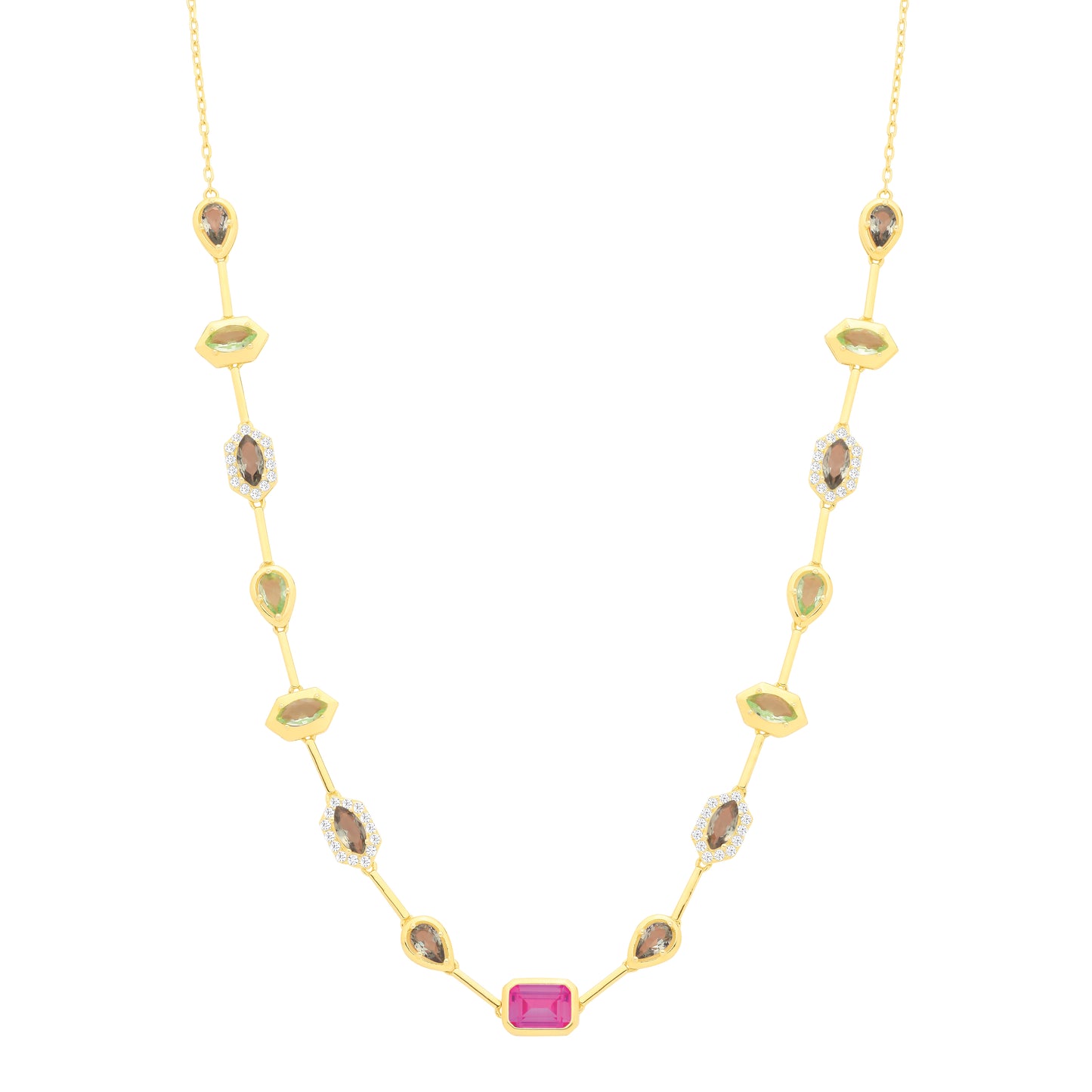 Gold-plated Silver  Fuchsia Green CZ Lucky Dip Mismatched Necklace - GVK546