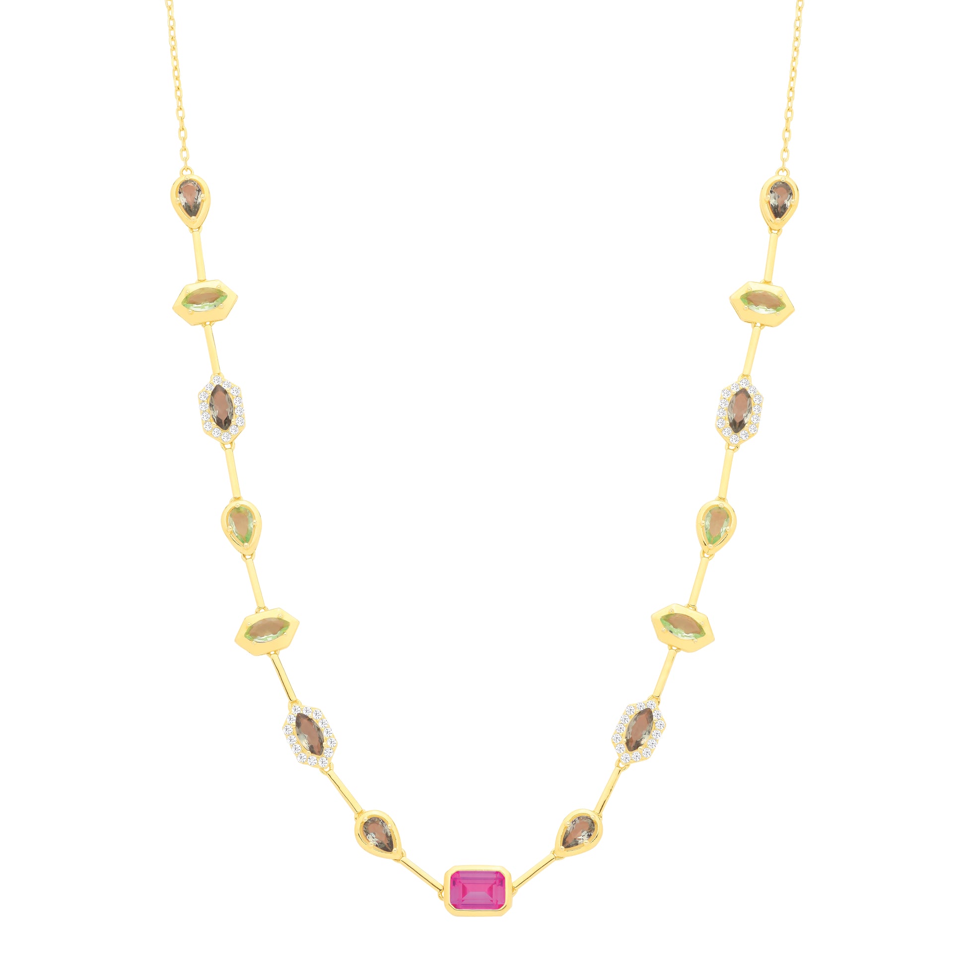 Gold-plated Silver  Fuchsia Green CZ Lucky Dip Mismatched Necklace - GVK546