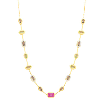 Gold-plated Silver  Fuchsia Green CZ Lucky Dip Mismatched Necklace - GVK546