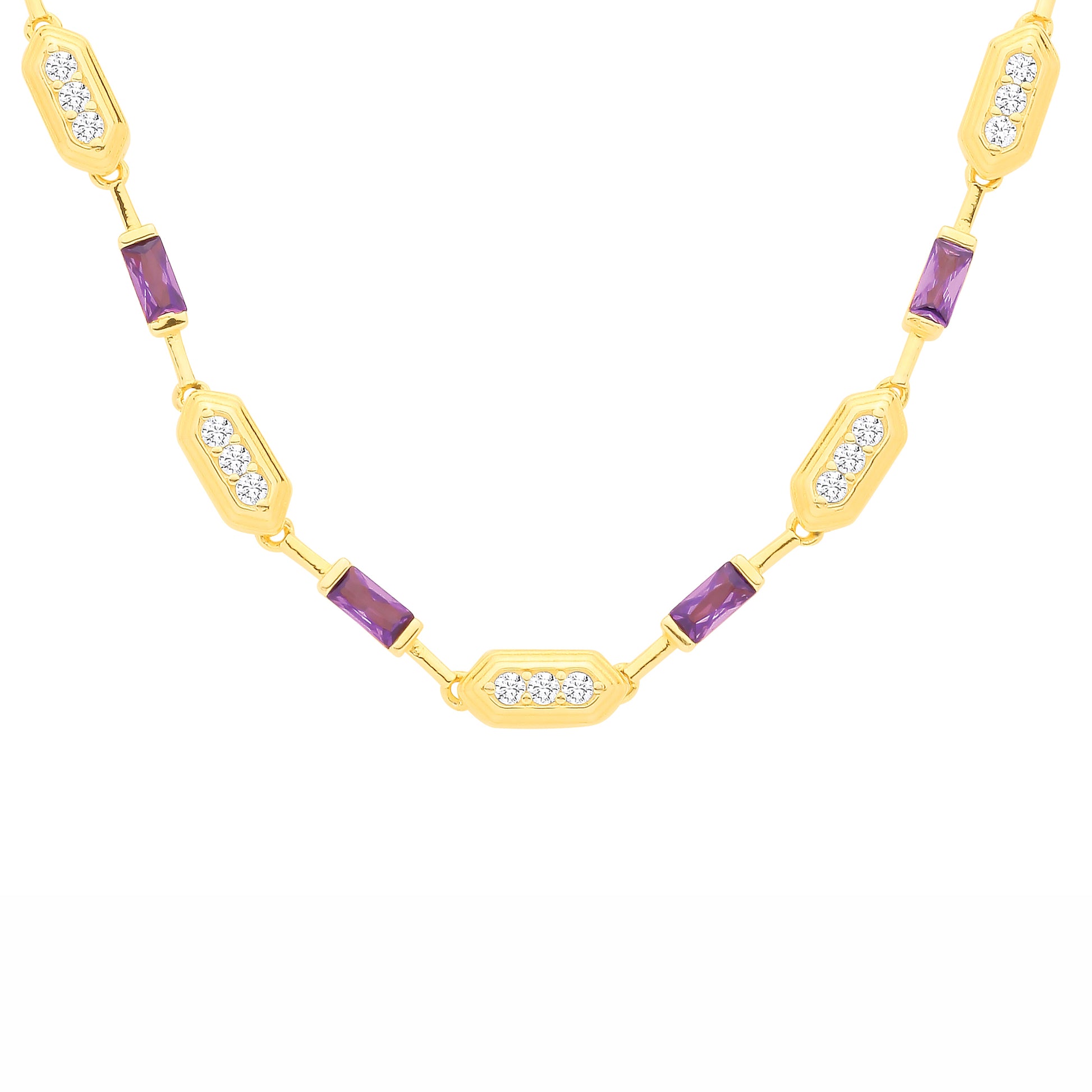 Gold-plated Sterling Silver  CZ & Amethyst Mixed Cut Necklace - GVK547