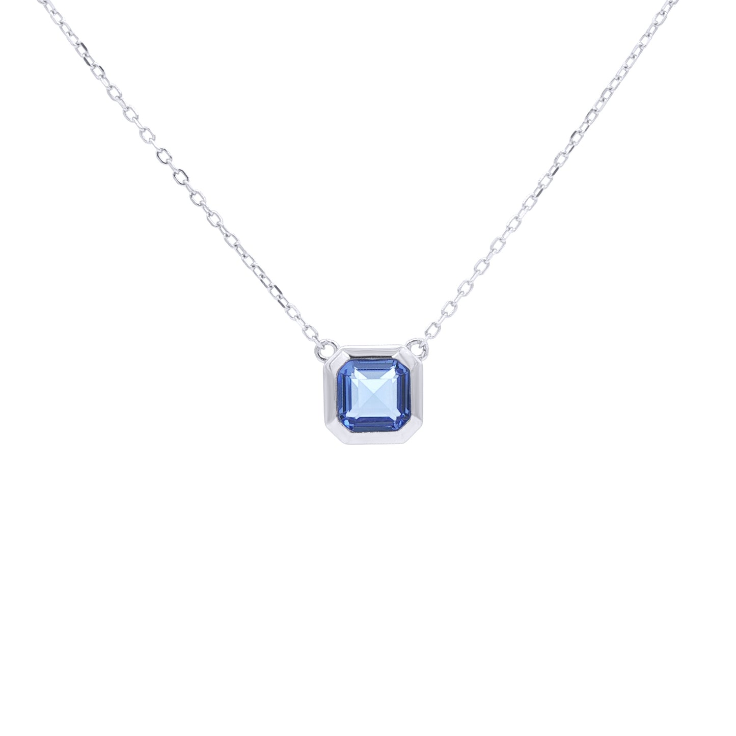 Silver  Blue Octagon CZ Octagonal Halo Hidden Side Stones Necklace - GVK548