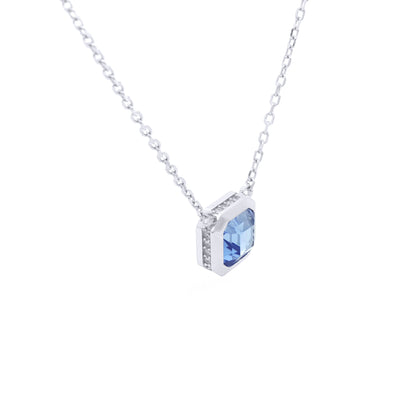 Silver  Blue Octagon CZ Octagonal Halo Hidden Side Stones Necklace - GVK548