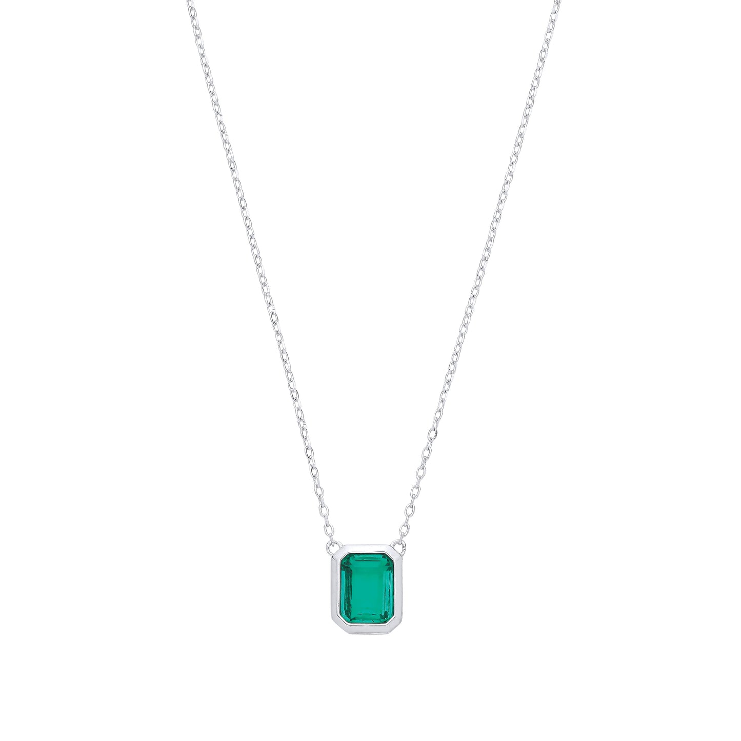 Silver  Green CZ Octagonal Bezel Halo Hidden Side Stones Necklace - GVK549