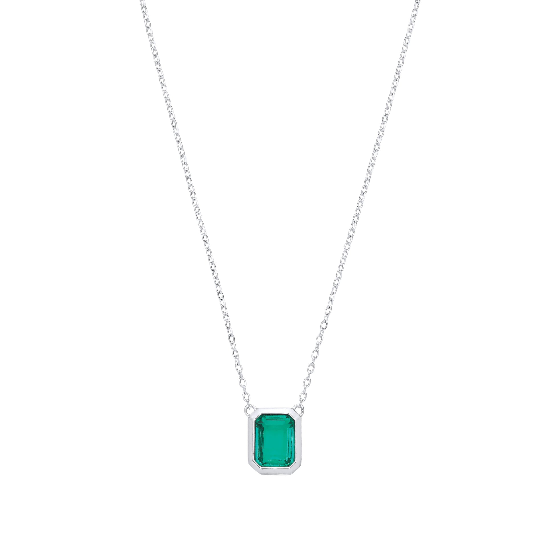 Silver  Green CZ Octagonal Bezel Halo Hidden Side Stones Necklace - GVK549