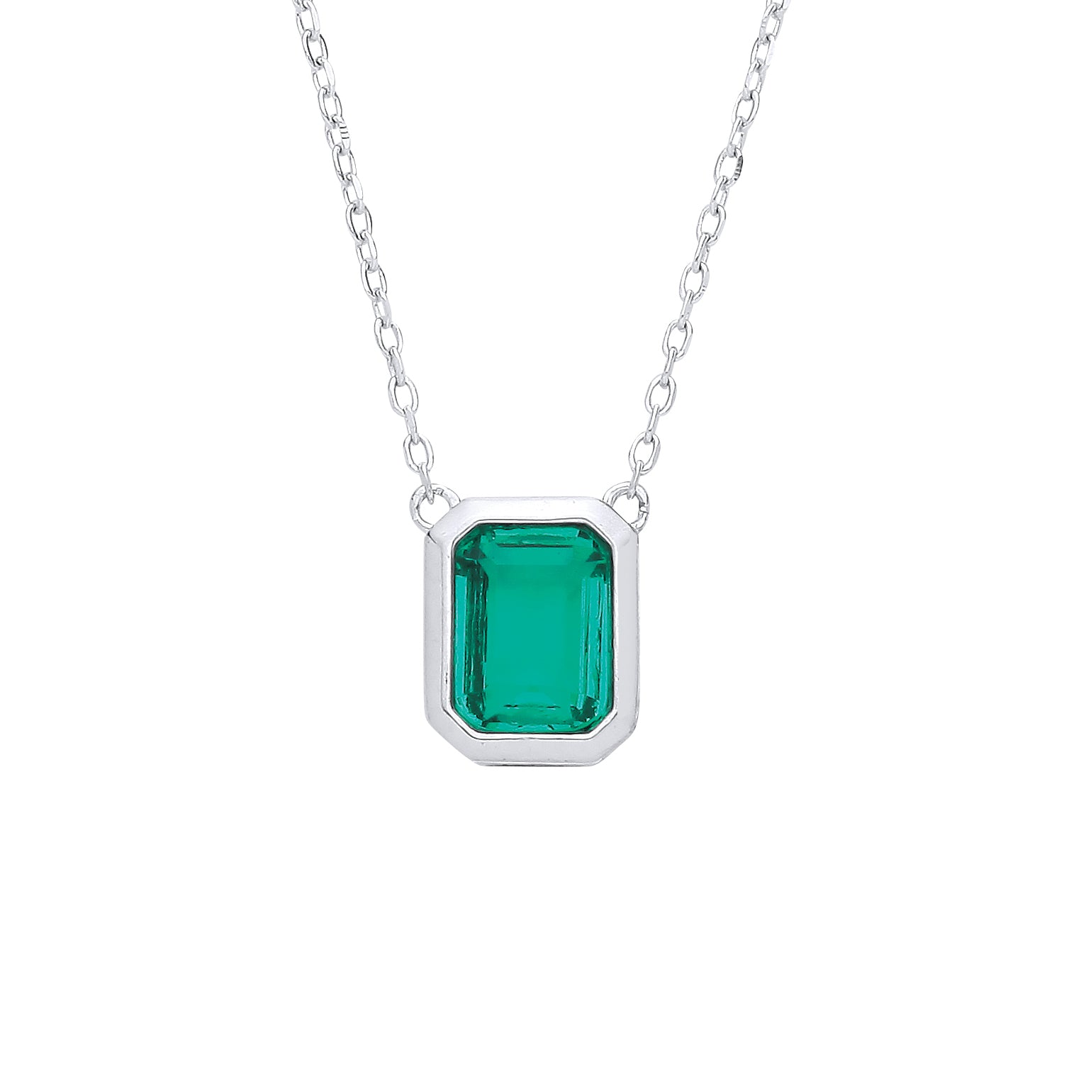 Silver  Green CZ Octagonal Bezel Halo Hidden Side Stones Necklace - GVK549