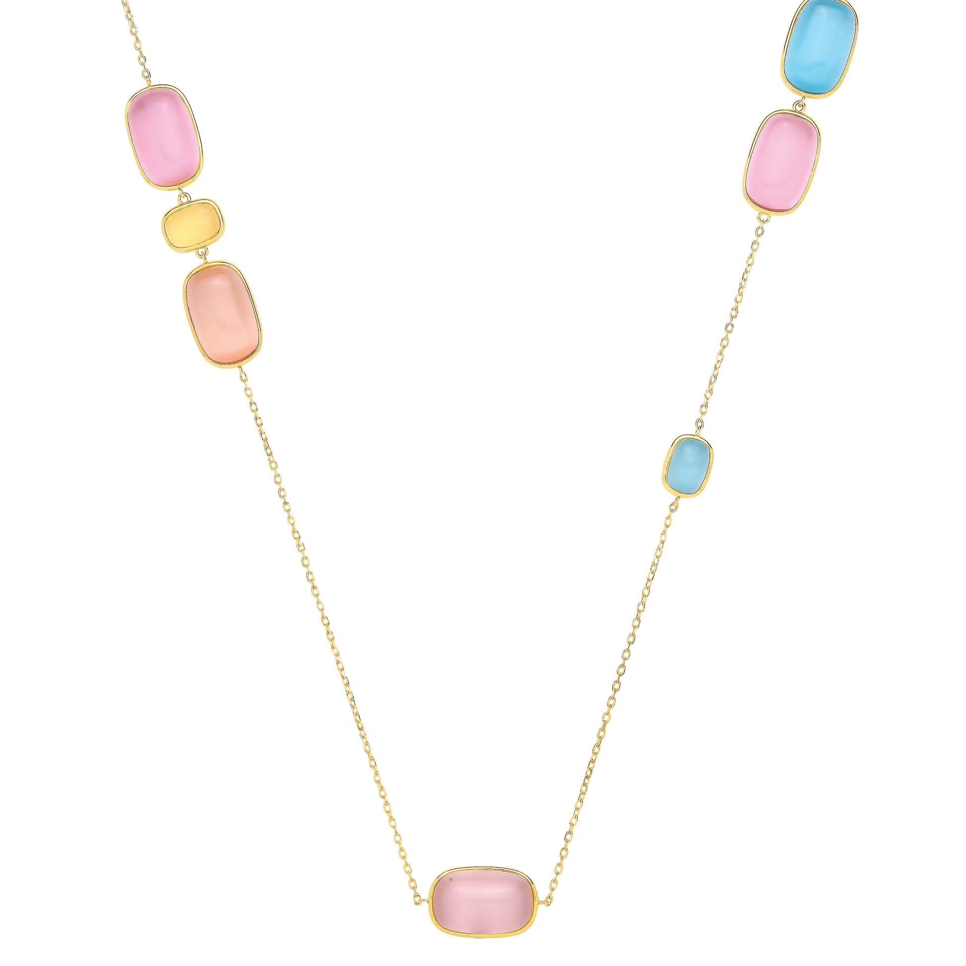 Gold-plated Silver  Blue Peach Amber Agate Candy Station Necklace - GVK550