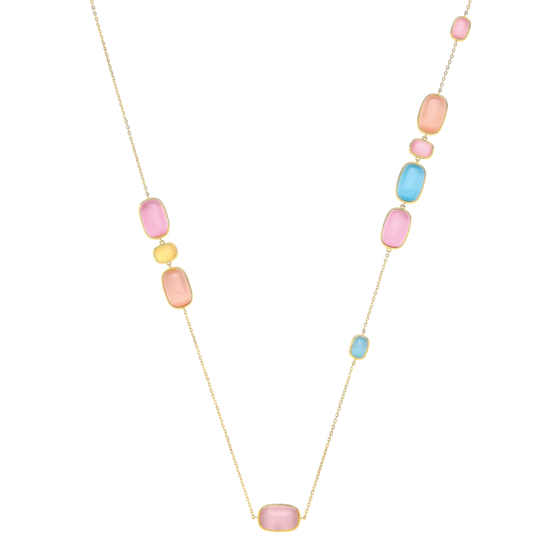 Gold-plated Silver  Blue Peach Amber Agate Candy Station Necklace - GVK550