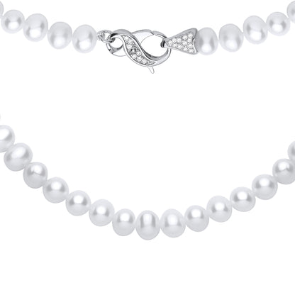 Silver  White Pebble Shape Fresh Water Pearl & CZ Necklace 6-6.5mm - GVK551