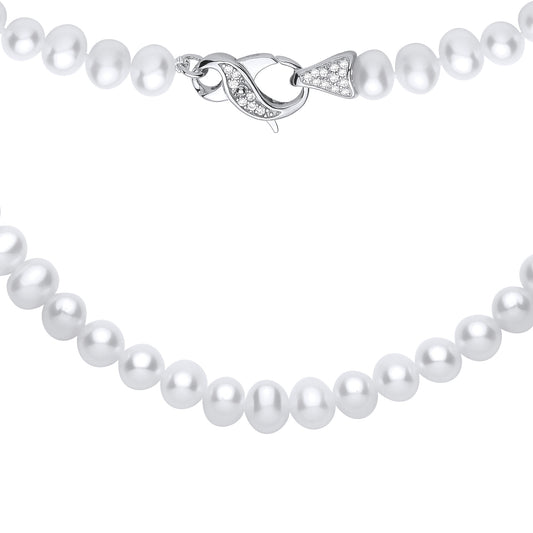 Silver  White Pebble Shape Fresh Water Pearl & CZ Necklace 6-6.5mm - GVK551