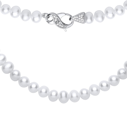 Silver  White Pebble Shape Fresh Water Pearl & CZ Necklace 6-6.5mm - GVK551
