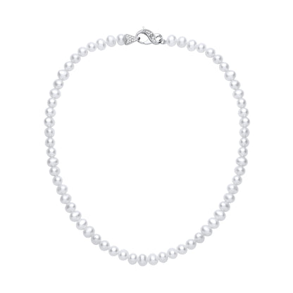 Silver  White Pebble Shape Fresh Water Pearl & CZ Necklace 6-6.5mm - GVK551
