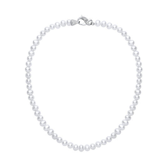 Silver  White Pebble Shape Fresh Water Pearl & CZ Necklace 6-6.5mm - GVK551