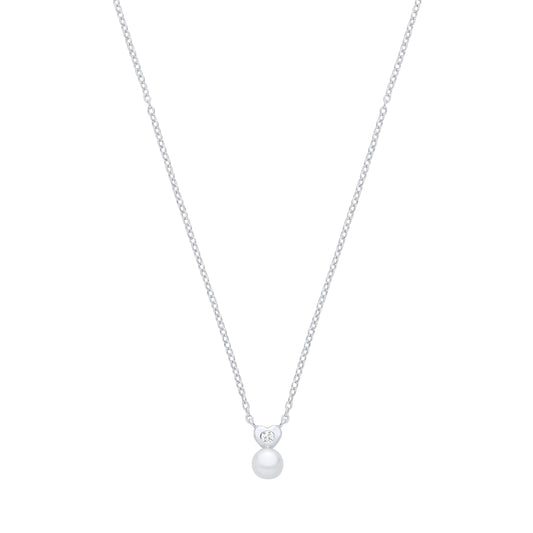 Silver  CZ & Fresh Water Pearl Heart Pendant Necklace - GVK554