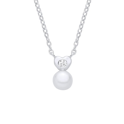 Silver  CZ & Fresh Water Pearl Heart Pendant Necklace - GVK554