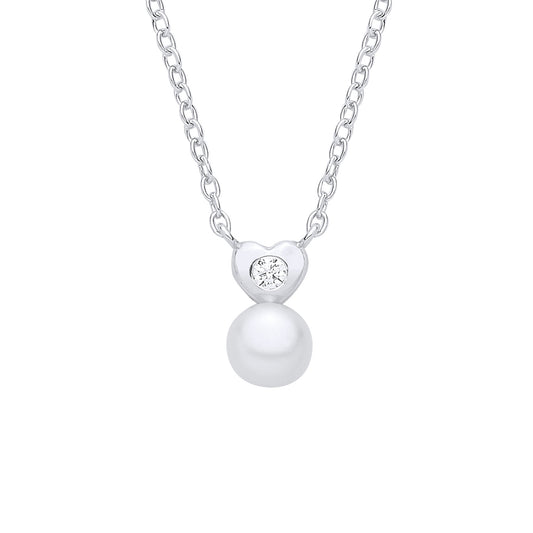 Silver  CZ & Fresh Water Pearl Heart Pendant Necklace - GVK554