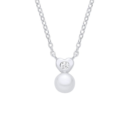 Silver  Pearl & CZ Sweetheart Full Moon Lavalier Necklace - GVK554