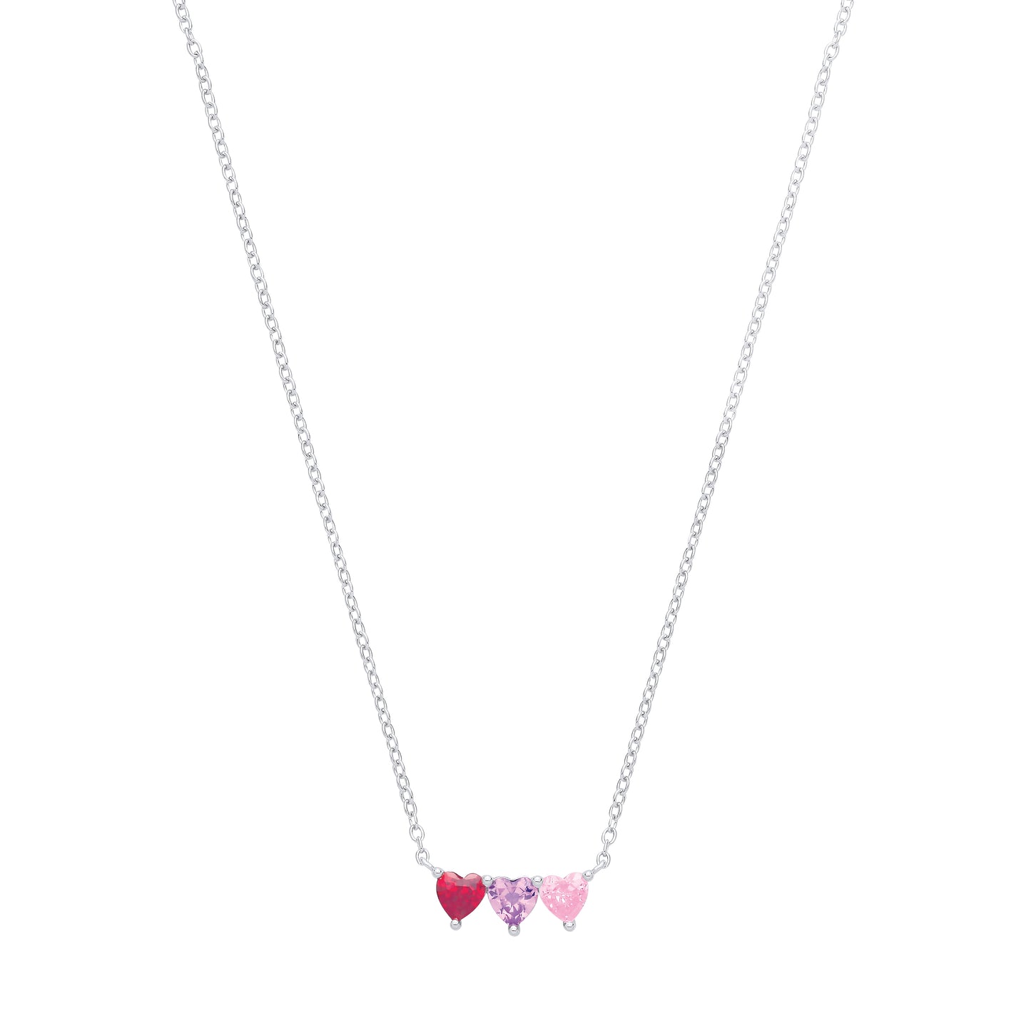 Silver  CZ Garnet, Amethyst & Pink Triple Heart Pendant Necklace - GVK556