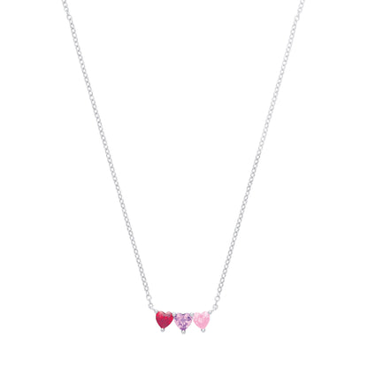 Silver  CZ Garnet, Amethyst & Pink Triple Heart Pendant Necklace - GVK556