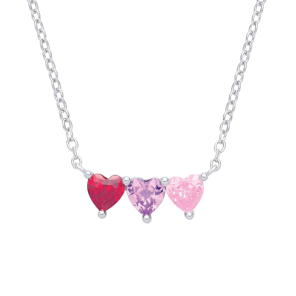 Silver  CZ Garnet, Amethyst & Pink Triple Heart Pendant Necklace - GVK556