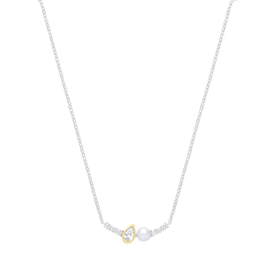 Silver  & 18K Gold Plated CZ & Fresh Water Pearl Necklace - GVK557