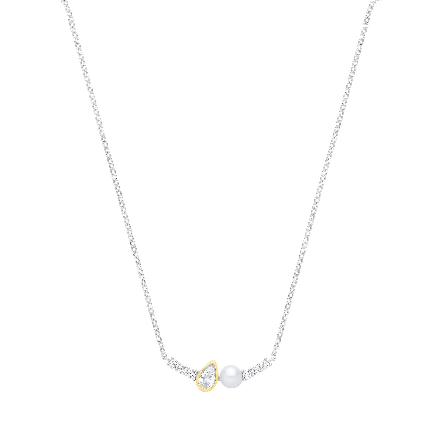 Silver  Pear Pearl & CZ Full Moon Toi et Moi Raindrop Necklace - GVK557