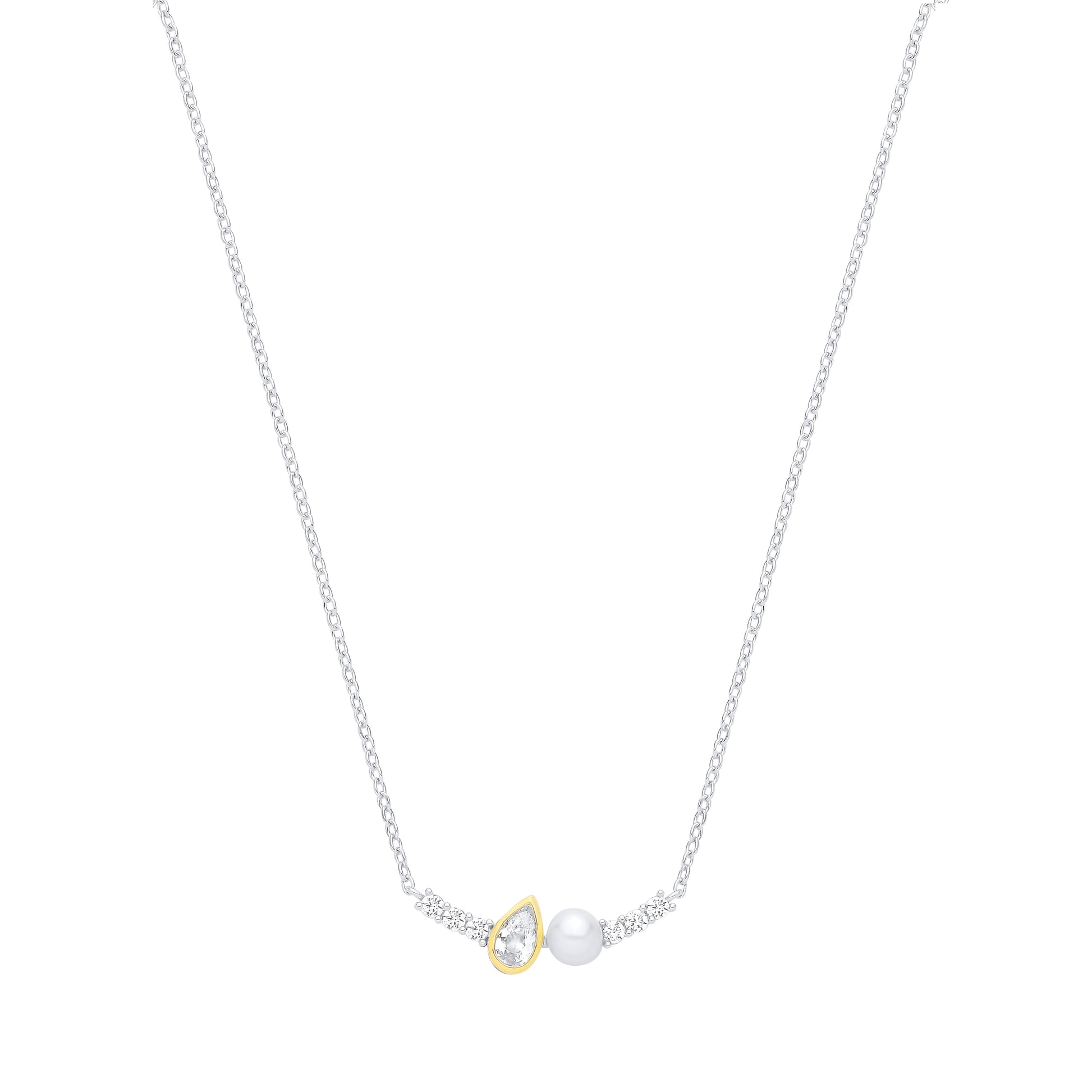Silver  Pear Pearl & CZ Full Moon Toi et Moi Raindrop Necklace - GVK557